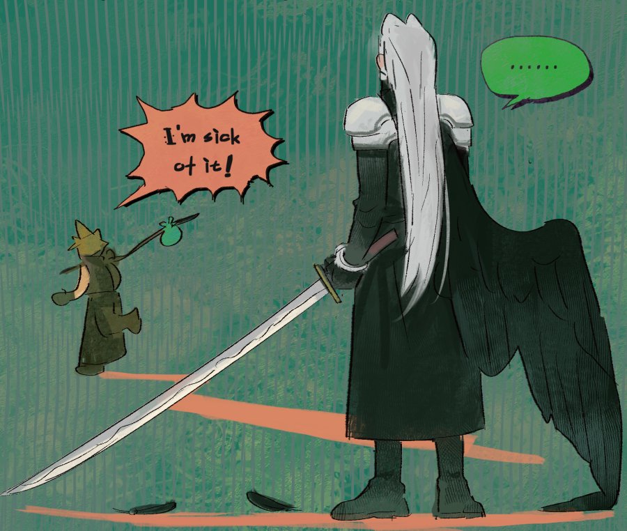 ... 2boys audreychen black_feathers black_wings blonde_hair cloud_strife english_text feathers final_fantasy final_fantasy_vii final_fantasy_vii_advent_children fleeing from_behind grey_hair holding holding_sword holding_weapon long_hair male_focus masamune_(ff7) multiple_boys running sephiroth single_wing speech_bubble standing sword weapon wings