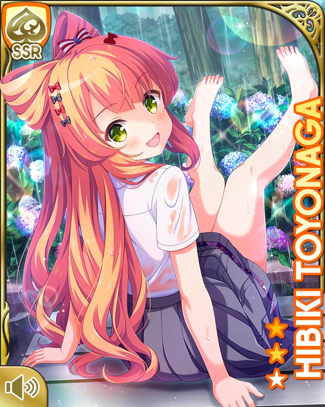 1girl barefoot black_bow black_legwear black_neckwear black_ribbon blush bow card_(medium) character_name day fang feet female_focus from_behind girlfriend_(kari) green_eyes grey_skirt hair_bow head_tilt knees_together_feet_apart legs legs_up long_hair looking_at_viewer looking_back no_shoes no_socks official_art open_mouth orange_hair outdoors qp:flapper rain red_bow ribbon school_uniform see-through_clothes see-through_shirt shirt short_sleeves sitting skirt smile solo toes toyonaga_hibiki wet wet_clothes wet_shirt white_shirt