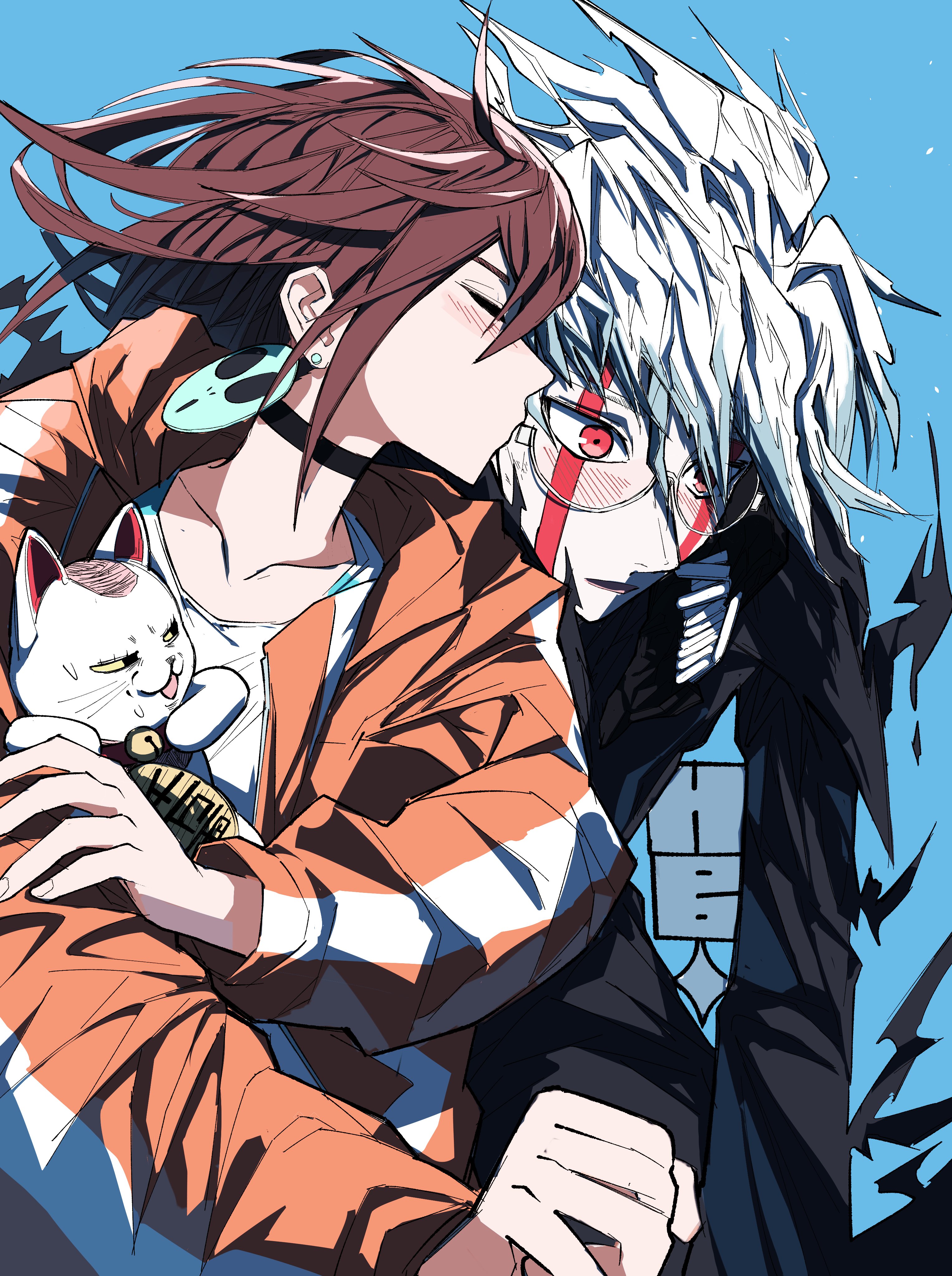 1boy 1girl absurdres alternate_form ayase_momo bell black_choker black_jacket blush brown_hair car cat choker closed_eyes closed_mouth collarbone commentary couple dandadan earrings facial_mark gakuran glasses hair_between_eyes heartbreak_juan highres jacket jewelry kiss kissing_cheek long_sleeves medium_hair motor_vehicle neck_bell orange_jacket parted_lips red_eyes round_eyewear school_uniform shirt short_hair takakura_ken_(dandadan) takakura_ken_(transformed)_(dandadan) transformation turbo_granny_(dandandan) upper_body white_hair white_shirt
