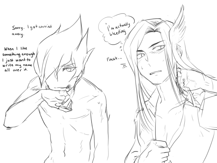 2boys angry bite_mark biting blood blush english_translation feet long_hair male_focus misael mizael multiple_boys neck nude open_mouth pain pectorals shingetsu_rei shirt shouting sweat unbuttoned unbuttoned_shirt vector_(yu-gi-oh!) very_long_hair yaoi yu-gi-oh!