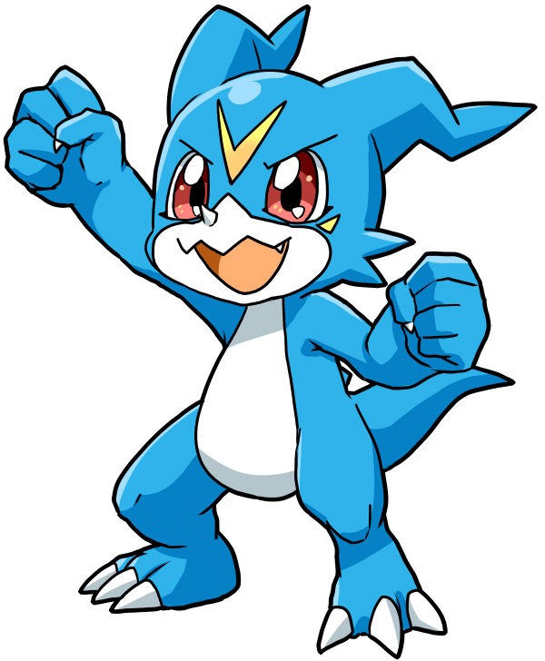 arm_up blue_scales clenched_hands digimon digimon_(creature) dragon full_body horns red_eyes shiki_digi simple_background single_horn solo v-mon white_background