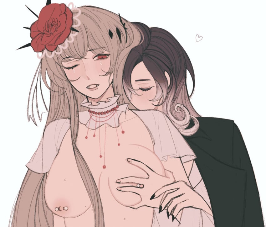 2girls breast_piercing breasts breasts_out closed_eyes coquelic_(path_to_nowhere) grabbing_another&#039;s_breast groping multiple_girls nipple_piercing one_eye_closed path_to_nowhere piercing shalom_(path_to_nowhere) yuri