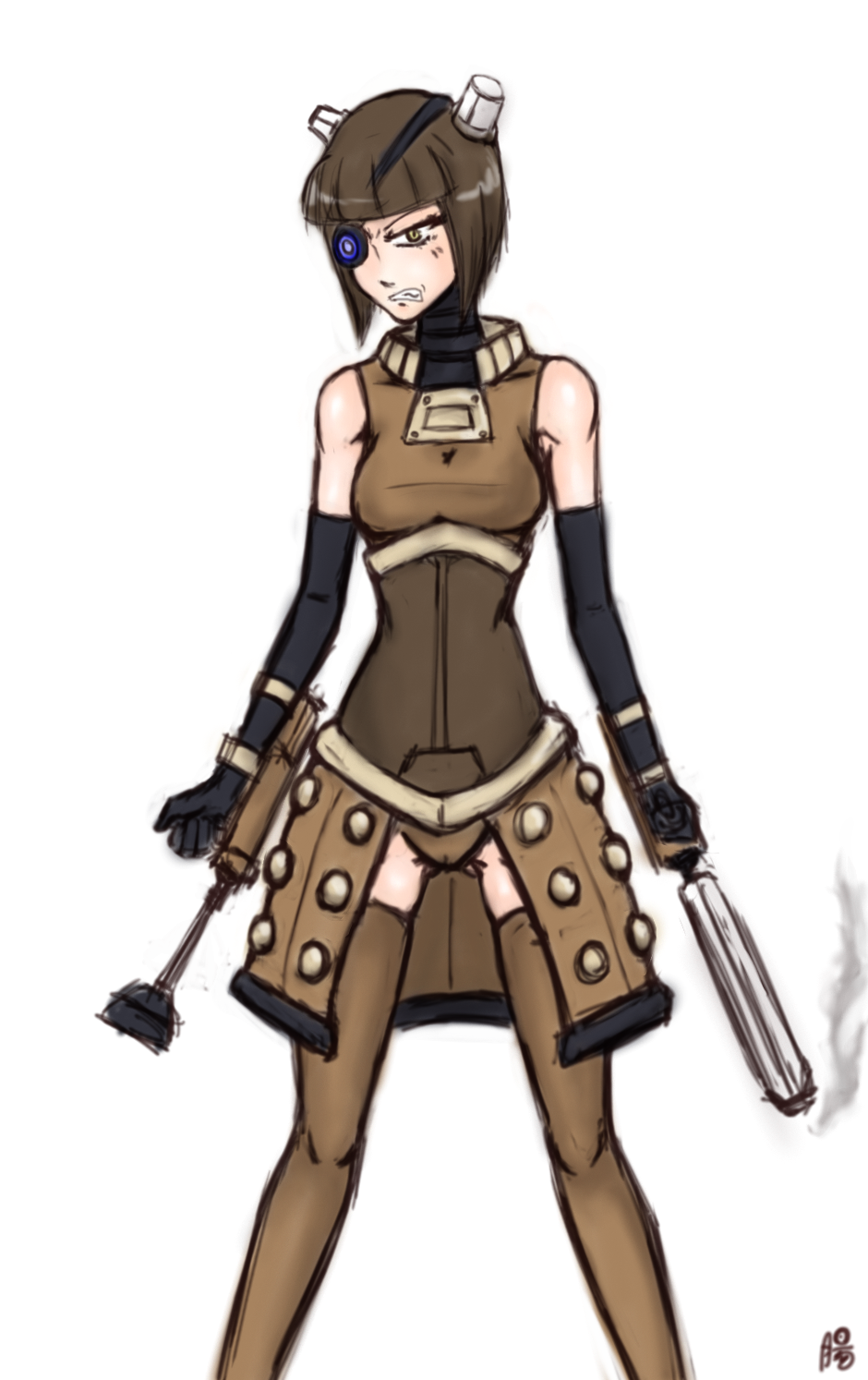 1girl angry broken_torpedo brown_eyes cameltoe dalek doctor_who eyepatch female_focus highres personification short_hair solo teeth thighhighs zettai_ryouiki