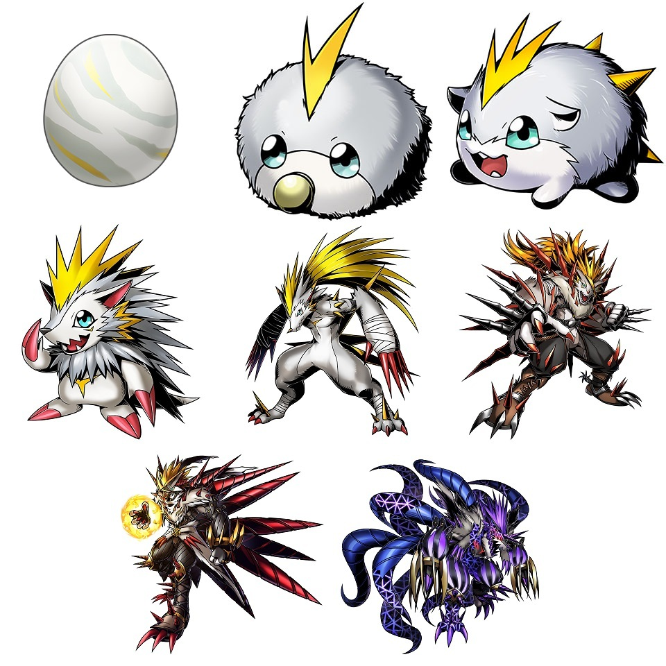 1boy bandages bandai claws digimon digitama drill drill_hair egg evolution evolutionary_line fighting_stance filmon full_body herissmon looking_at_viewer official_art pacifier pusumon pusurimon rasenmon rasenmon_fury_mode sharp_teeth stiffilmon teeth third-party_edit