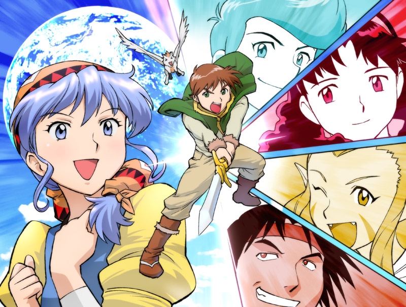1990s_(style) 3boys 3girls alex_noah bandana bird blue_eyes blue_hair dress game_arts hair_over_shoulder headband jessica_de_alkirk kyle_(lunar) luna_noah lunar lunar:_the_silver_star markings mia_ausa multiple_boys multiple_girls nall_(lunar) nash_rumack pointy_ears ponytail retro_artstyle sword ueyama_michirou weapon