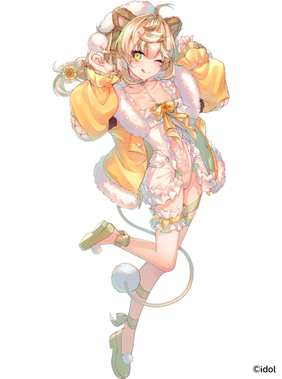 1girl ;q ahoge animal_ears blonde_hair bow collarbone cross-laced_clothes cross-laced_leotard daisy_dandelion fur-trimmed_jacket fur_hat fur_trim green_eyes green_footwear hat chromashift jacket leg_ribbon leotard lion_ears lion_girl lion_tail long_sleeves muzin_chan official_art one_eye_closed open_clothes open_jacket pom_pom_(clothes) ribbon solo tail thigh_ribbon tongue tongue_out virtual_youtuber white_hat white_leotard yellow_bow yellow_jacket yellow_ribbon