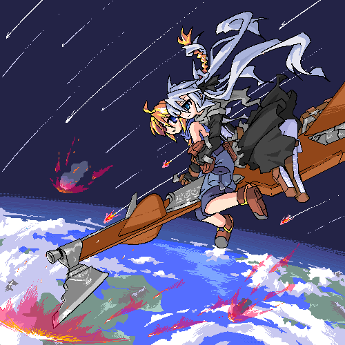 1990s_(style) 2girls atmospheric_entry aura boots borrowed_character braid burning earth_(planet) energy final_fantasy final_fantasy_vii girl_with_a_blonde_braid_(tomoshibi_hidekazu) glowing hug hug_from_behind lace-up_boots lowres meteor mof mof&#039;s_silver_haired_twintailed_girl multiple_girls oekaki original planet plasma redrantem&#039;s_orange_haired_girl retro_artstyle scarf space
