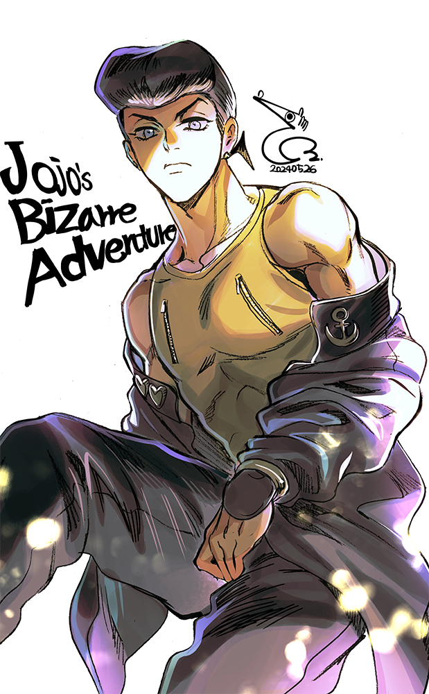 bae_(baebae) black_hair blue_eyes diamond_wa_kudakenai english_text gakuran higashikata_josuke jojo_no_kimyou_na_bouken male_focus muscular muscular_male pompadour school_uniform solo