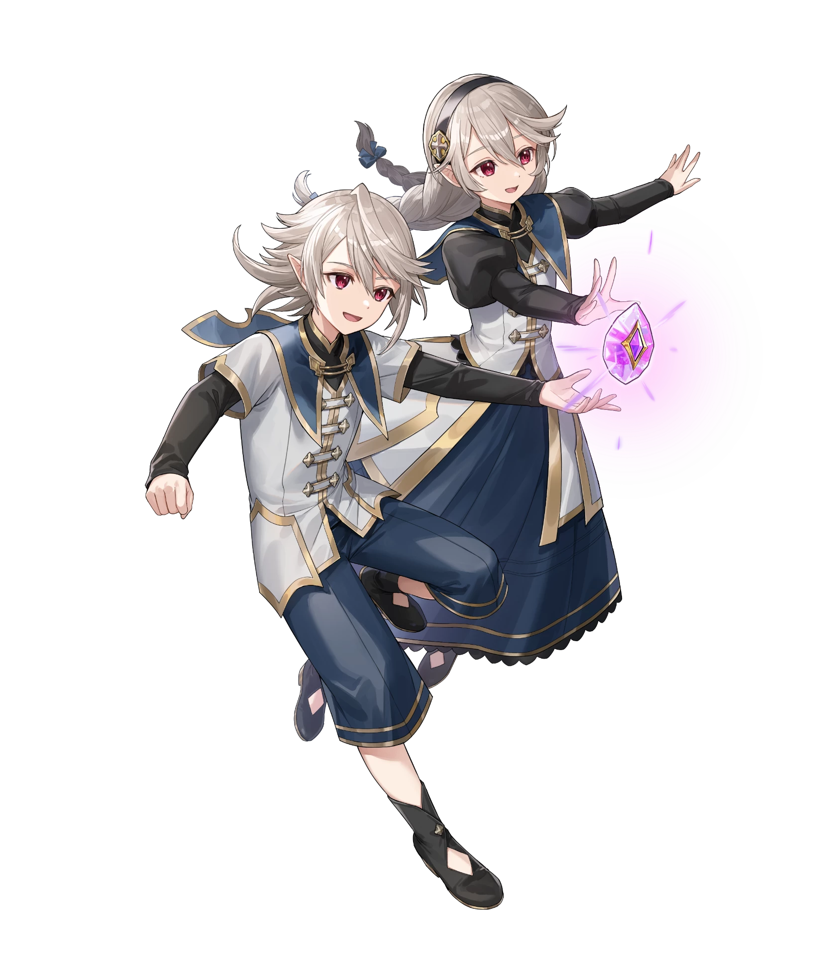 1boy 1girl attack black_hairband braided_twintails corrin_(female)_(fire_emblem) corrin_(female)_(young_kinship)_(fire_emblem) corrin_(fire_emblem) corrin_(male)_(fire_emblem) corrin_(male)_(young_kinship)_(fire_emblem) dragonstone dual_persona fire_emblem fire_emblem_fates fire_emblem_heroes grey_hair hairband highres matching_outfits mirror_twins nintendo non-web_source official_art open_mouth pointy_ears red_eyes siblings smile twins twintails