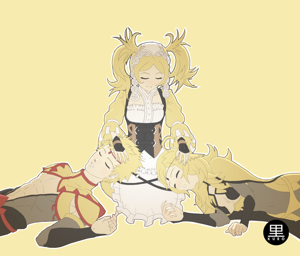 1boy 2girls abs blonde_hair bodystocking bridal_gauntlets circlet covered_navel family father_and_daughter fingerless_gloves fire_emblem fire_emblem_awakening fire_emblem_fates gloves grandmother_and_granddaughter headdress hip_armor kuro--astarte lap_pillow leather leather_gloves lissa_(fire_emblem) mother_and_son multiple_girls nintendo odin_(fire_emblem) ophelia_(fire_emblem) panties pectorals twintails underwear