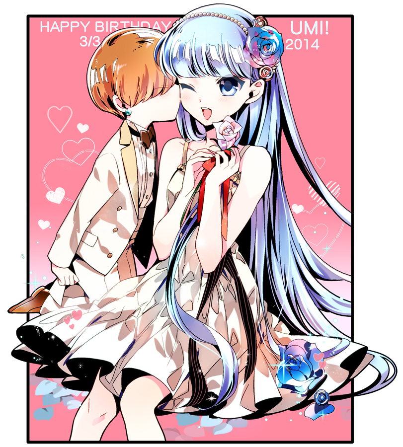 10s 1990s_(style) 1boy 1girl 2014 ;d ascot_(rayearth) blue_eyes blue_flower blue_hair blue_hairband blue_rose bow bowtie brown_hair character_name dated flower formal_clothes hair_flower hair_ornament hair_over_eyes hairband happy_birthday heart heart_background hetero iyutani kiss kneeling long_hair magic_knight_rayearth multicolored_flower multicolored_rose one_eye_closed open_mouth pink_background pink_flower pink_rose retro_artstyle rose ryuuzaki_umi skirt smile suit traditional_bowtie white_skirt wink