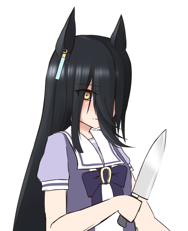 1girl animal_ears black_hair bow bowtie closed_mouth ear_tag earrings expressionless hair_between_eyes hand_up holding holding_knife horse_ears horse_girl huru2 jewelry kitchen_knife knife long_hair long_hair_between_eyes manhattan_cafe_(umamusume) no_ahoge puffy_short_sleeves puffy_sleeves purple_bow purple_bowtie purple_shirt ribbon sailor_collar shirt short_sleeves simple_background single_earring solo umamusume very_long_hair white_background white_sailor_collar yellow_ribbon