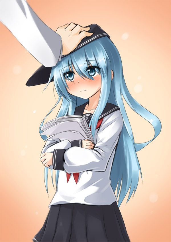 10s 1girl admiral_(kancolle) blue_eyes blue_hair blush hat head_pat hibiki_(kancolle) holding holding_paper kantai_collection paper headpat school_uniform serafuku silent_sakia solo_focus