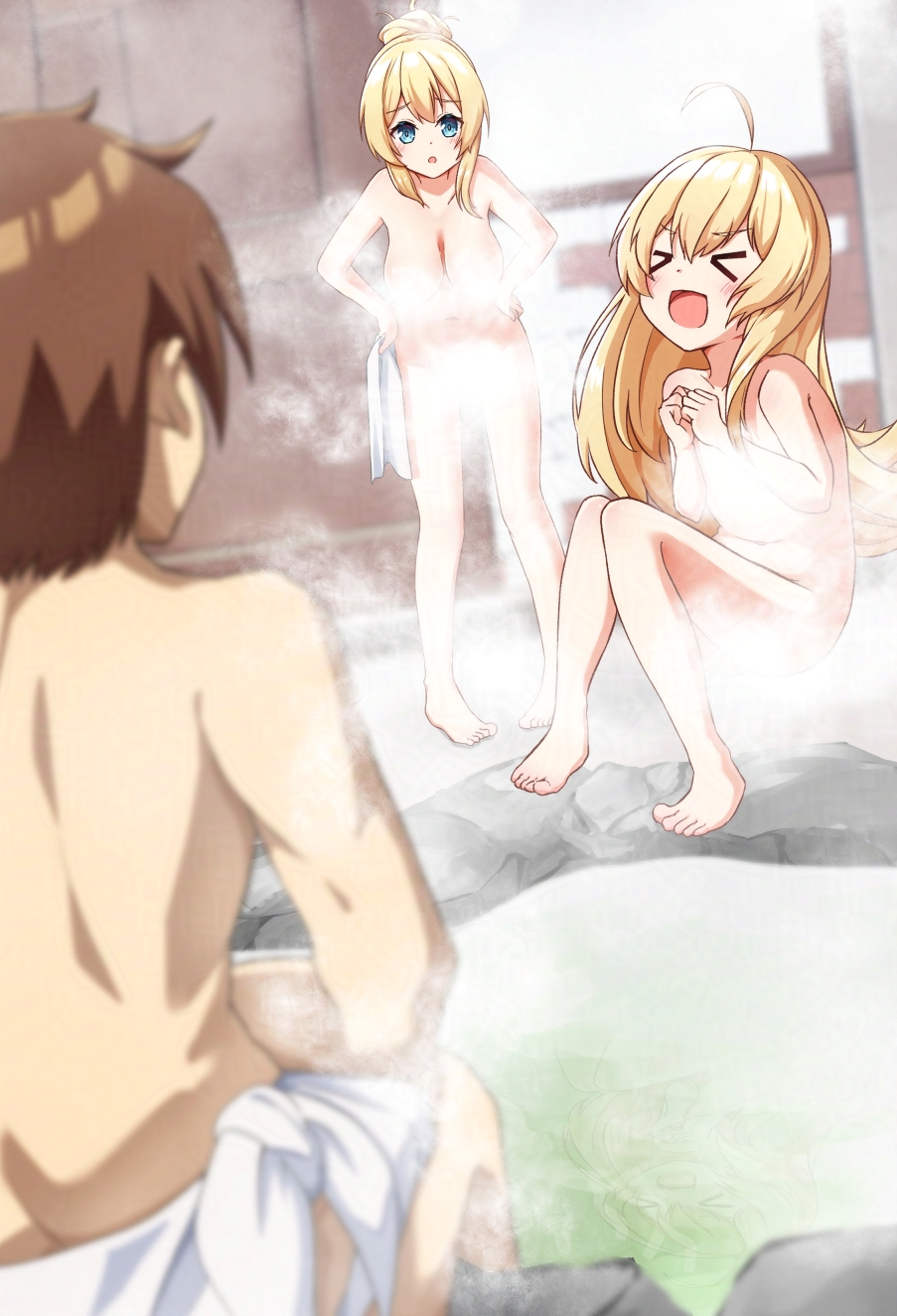 &gt;_&lt; 1boy 2girls :d :o blonde_hair blue_eyes blush breasts brown_hair closed_eyes commentary_request convenient_censoring hair_between_eyes hair_bun hands_on_own_hips highres if_they_mated indoors iris_(konosuba) kono_subarashii_sekai_ni_shukufuku_wo! large_breasts long_hair multiple_girls naked_towel nenosame nude onsen open_mouth parted_lips satou_kazuma smile steam steam_censor topless_male towel very_long_hair water xd