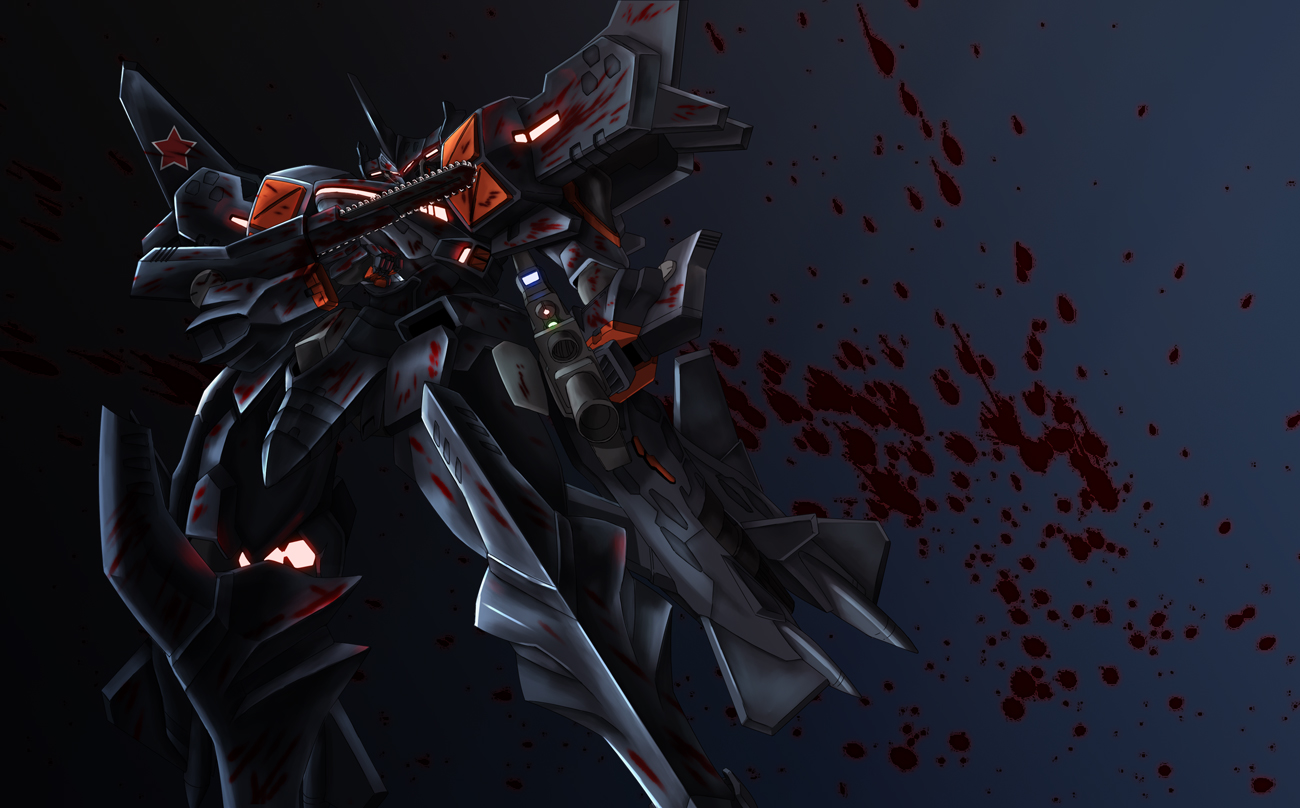 blood chainsaw gun masakatsu_(xg-70b) mecha muv-luv no_humans rifle robot russian_text science_fiction soviet su-47 su-47_berkut weapon