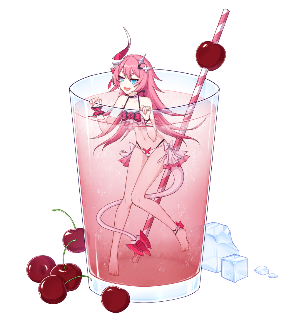 1girl anklet bikini blue_eyes bracelet cherry chinese_commentary commentary_request cup drinking_glass drinking_straw food fruit hair_ornament hairclip honkai_(series) honkai_impact_3rd horns ice jewelry knees_together_feet_apart long_hair miniature minimized necklace partially_submerged pink_hair pink_liquid ribbon rozaliya_olenyeva single_horn solo swimsuit tail transparent_background