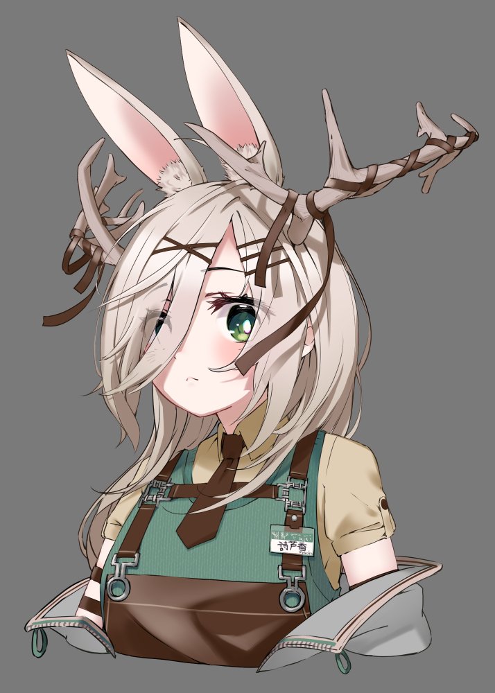 1girl animal_ear_fluff animal_ears antlers apron black_necktie blush brown_apron brown_necktie brown_ribbon brown_shirt closed_mouth collared_shirt cropped_torso deer_antlers deer_ears deer_girl extra_ears eyes_visible_through_hair green_apron green_eyes green_vest grey_background grey_hair grey_jacket hair_ornament hair_over_one_eye hairclip hop_step_jan horns jacket long_hair looking_at_viewer name_tag necktie off_shoulder open_clothes open_jacket overalls rabbit_ears rabbit_girl ribbon shiroka_(vrchat) shirt short_sleeves simple_background solo upper_body vest vrchat x_hair_ornament yellow_shirt