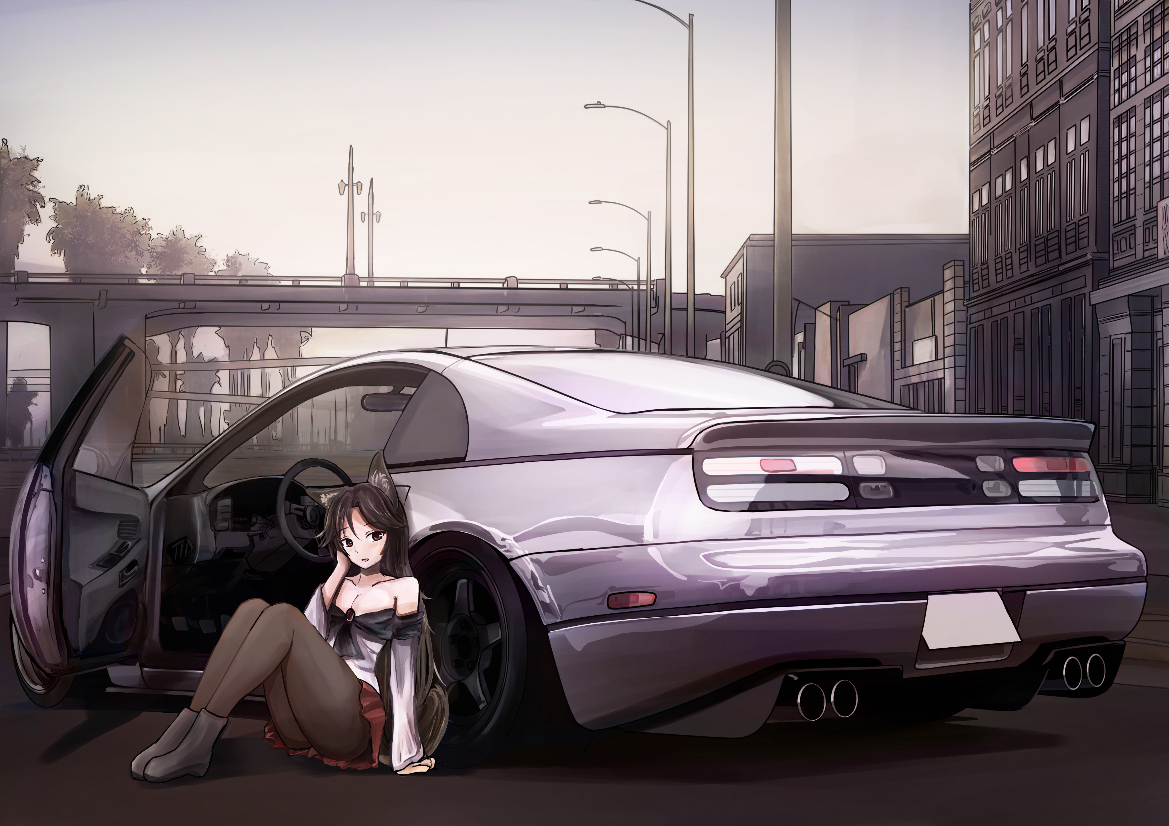 1girl 3books absurdres alternate_costume animal_ear_fluff animal_ears bare_shoulders black_boots black_hair black_pantyhose blush boots brown_eyes car collarbone commentary day elevated_highway full_body hand_on_own_face highres highway imaizumi_kagerou long_hair long_sleeves looking_at_viewer motor_vehicle nissan_300zx nissan_300zx_(z32) nissan_fairlady nissan_fairlady_z on_ground open_door outdoors pantyhose solo steering_wheel tagme touhou vehicle_focus