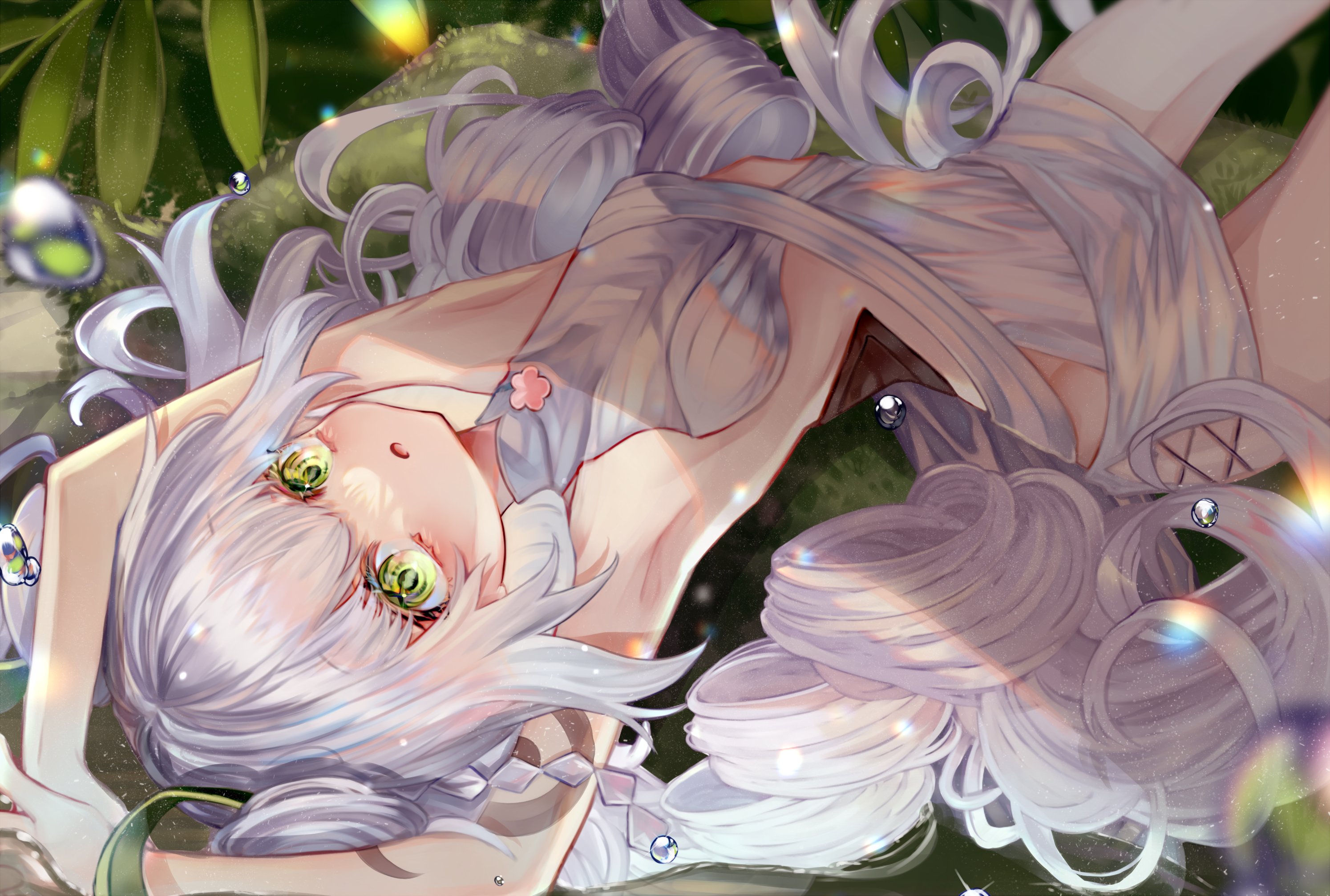1girl braid breasts dress duel_monster green_eyes hair_ornament highres long_hair looking_at_viewer low_twintails lying on_back open_mouth sleeveless small_breasts solo syukou traptrix_genlisea twin_braids twintails very_long_hair white_hair yu-gi-oh!
