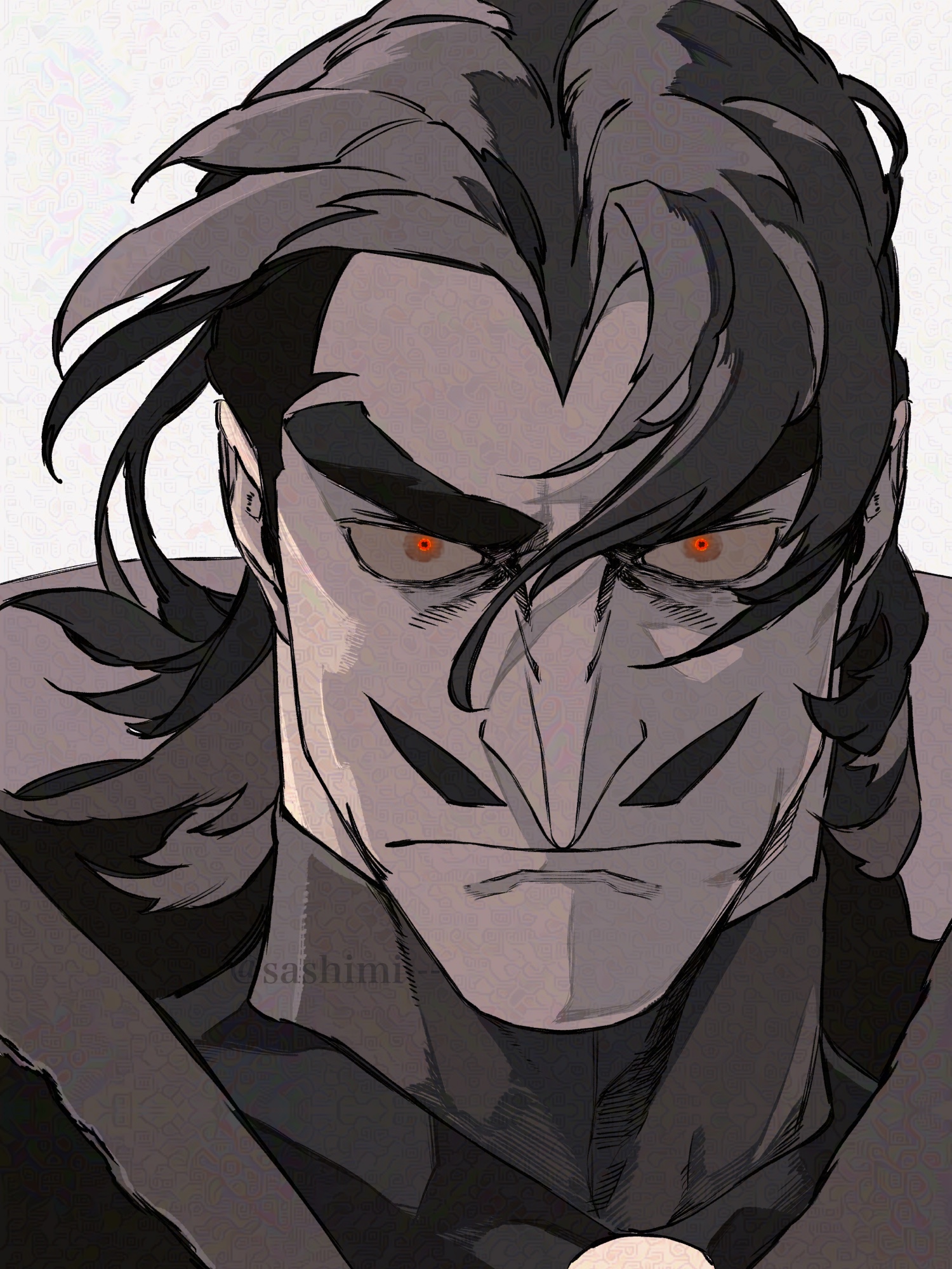 1boy aquiline_nose bright_pupils desha_(ousama_ranking) facial_hair greyscale highres huge_eyebrows looking_at_viewer male_focus mature_male monochrome mustache nose ousama_ranking pencil_mustache portrait red_eyes sanpaku sashimi_oran serious short_hair spot_color tsurime wind
