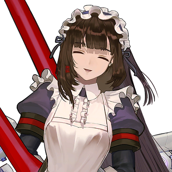 1girl apron arms_behind_back blunt_bangs breasts brown_hair closed_eyes dress eyebrows_hidden_by_hair female_focus frilled_dress frills game_cg head_tilt headdress high_collar huge_weapon large_breasts last_origin leaning_to_the_side long_hair maid maid_headdress official_art open_mouth puffy_short_sleeves puffy_sleeves rorobomb scissors_lise short_sleeves smile straight-on transparent_background upper_body weapon weapon_on_back