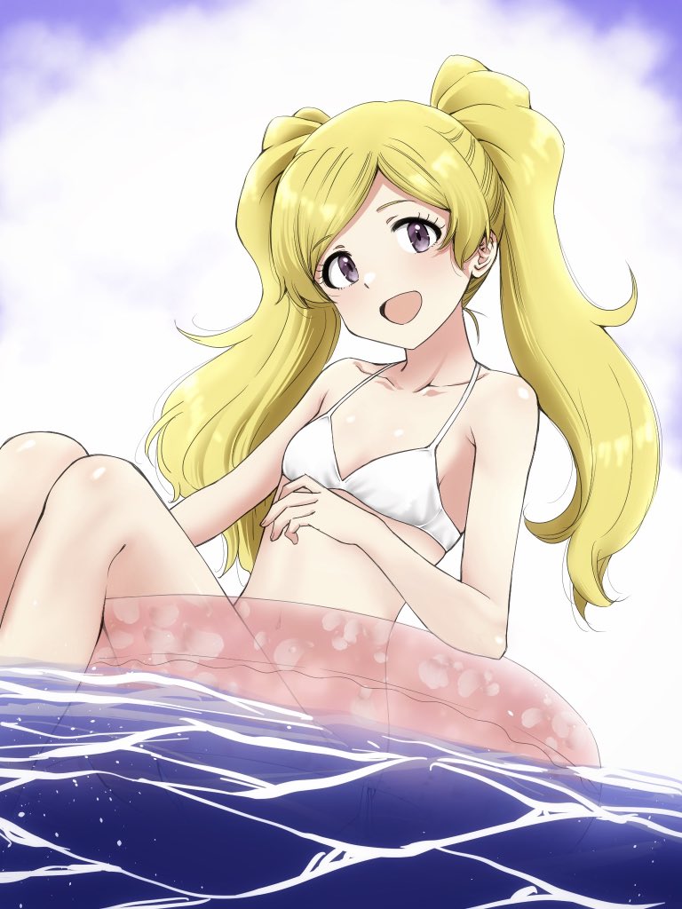 1girl :d afloat armpits bare_arms bare_legs bare_shoulders bikini blonde_hair blue_sky breasts cloud cloudy_sky collarbone dot_nose emily_stewart eyelashes feet_out_of_frame fluffy_hair idolmaster idolmaster_million_live! idolmaster_million_live!_theater_days light_blush long_hair looking_at_viewer matcha_kingyo navel open_mouth outdoors parted_bangs pink_innertube purple_eyes side-tie_bikini_bottom sidelocks sky small_breasts smile solo swimsuit twintails very_long_hair waves wavy_hair white_bikini