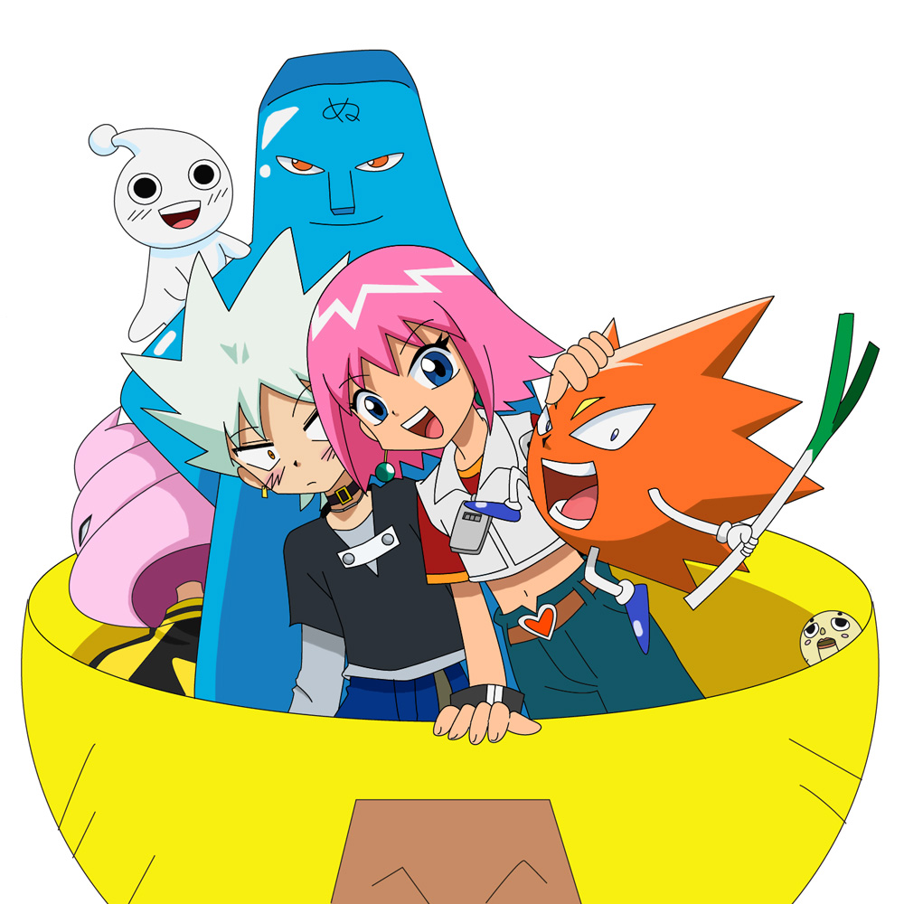 00s afro beauty_(bobobo-bo_bo-bobo) blue_eyes blush bobobo-bo_bo-bobo bobobo-bo_bo-bobo_(character) dengakuman don_patch hatenkou heppokomaru official_art pink_hair simple_background smile softon_(bobobo-bo_bo-bobo) tokoro_tennosuke white_hair yakkun