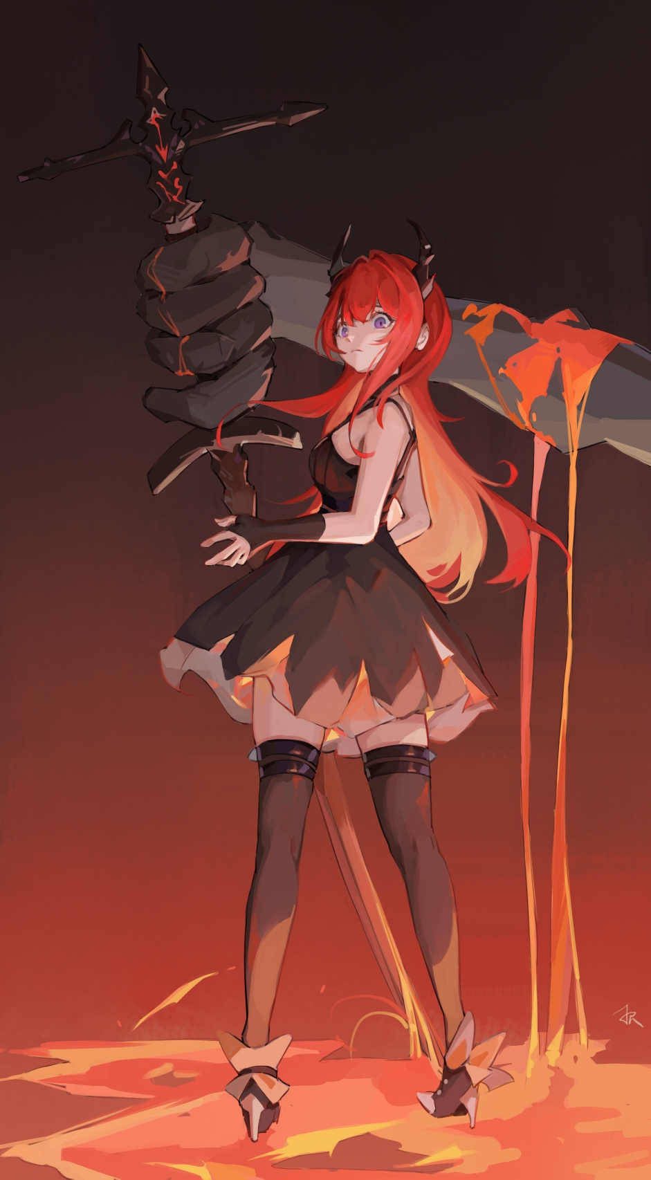 1girl :&lt; arknights black_dress demon demon_girl demon_horns dress high_heels highres holding holding_weapon horns kuweichuanxin_jr long_hair looking_up lava purple_eyes red_hair surtr_(arknights) sword weapon