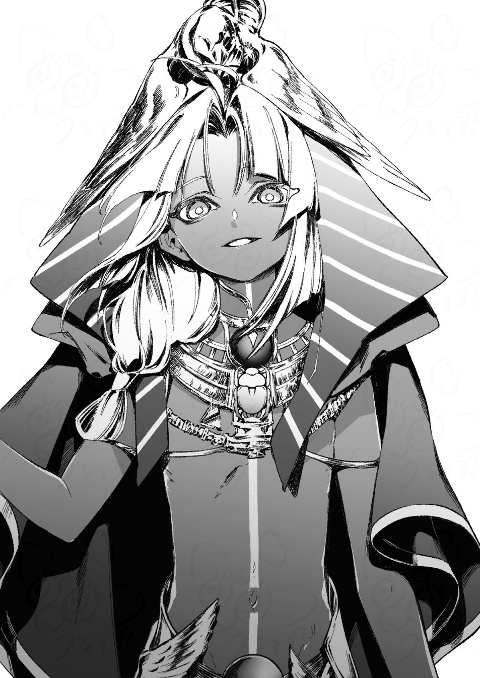 1boy ahoge ancient_egyptian_clothes dark-skinned_male dark_skin fate/grand_order fate_(series) greyscale headdress highres long_hair male_focus monochrome navel scarab tutankhamun_(fate) tutankhamun_(second_ascension)_(fate) urup_zzz