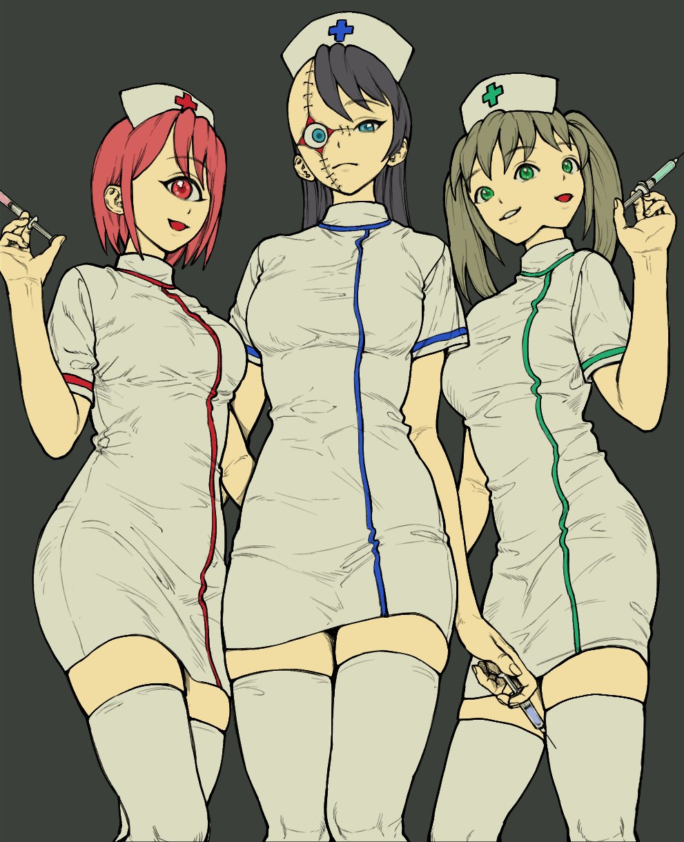 3girls asymmetrical_hair black_hair blue_eyes brown_hair closed_mouth collared_dress cowboy_shot cross_scar cyclops dress expressionless extra_eyes extra_mouth green_eyes grey_background hand_up hashtag-only_commentary hat highres holding holding_syringe ichigou_(ikigusare) ikigusare imaninjaguy long_hair looking_at_viewer medium_hair multiple_faces multiple_girls nigou_(ikigusare) nurse nurse_cap one-eyed red_eyes red_hair sangou_(ikigusare) scar scar_across_eye scar_on_face short_hair short_sleeves sidecut simple_background skindentation smile standing stitched_face stitches syringe thighhighs twintails undercut uneven_eyes white_dress white_thighhighs