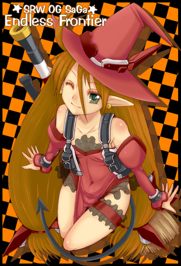 1girl bad_id bad_pixiv_id banpresto broom demon_tail detached_sleeves earrings female_focus fingerless_gloves flat_chest frilled_thigh_strap gloves hat jewelry kannagi_kaname kyon_feulion navel one_eye_closed pointy_ears see-through_clothes smile solo super_robot_wars super_robot_wars_og_saga_mugen_no_frontier tail thigh_strap twintails wink witch_hat