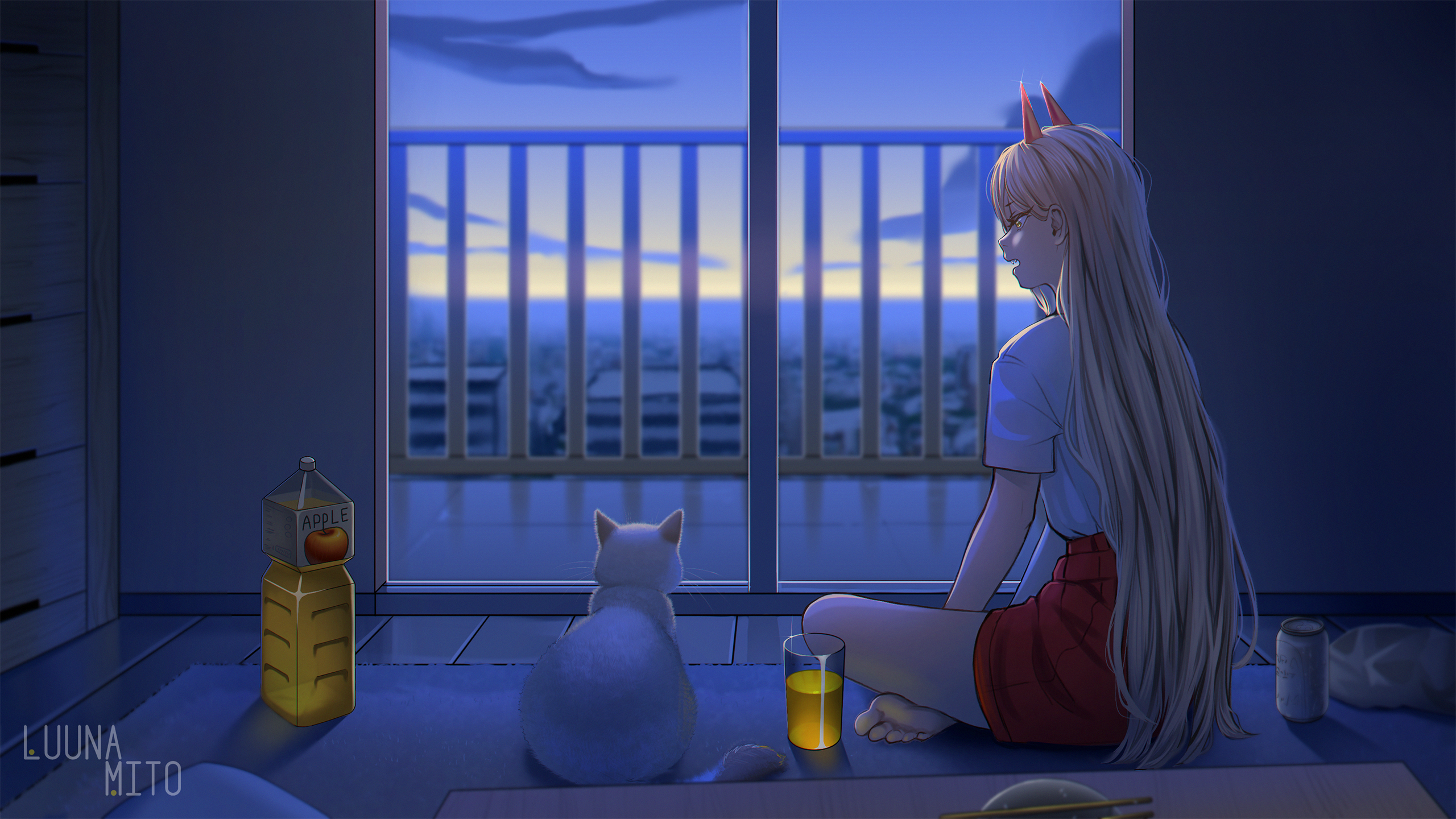 1girl apple_juice artist_name barefoot blonde_hair bottle bowl building can cat chainsaw_man chopsticks cloud commentary highres horns juice luunamito meowy_(chainsaw_man) power_(chainsaw_man) railing red_horns red_shorts rug sharp_teeth shorts sitting sky sliding_doors sunrise teeth yellow_eyes yellow_sky