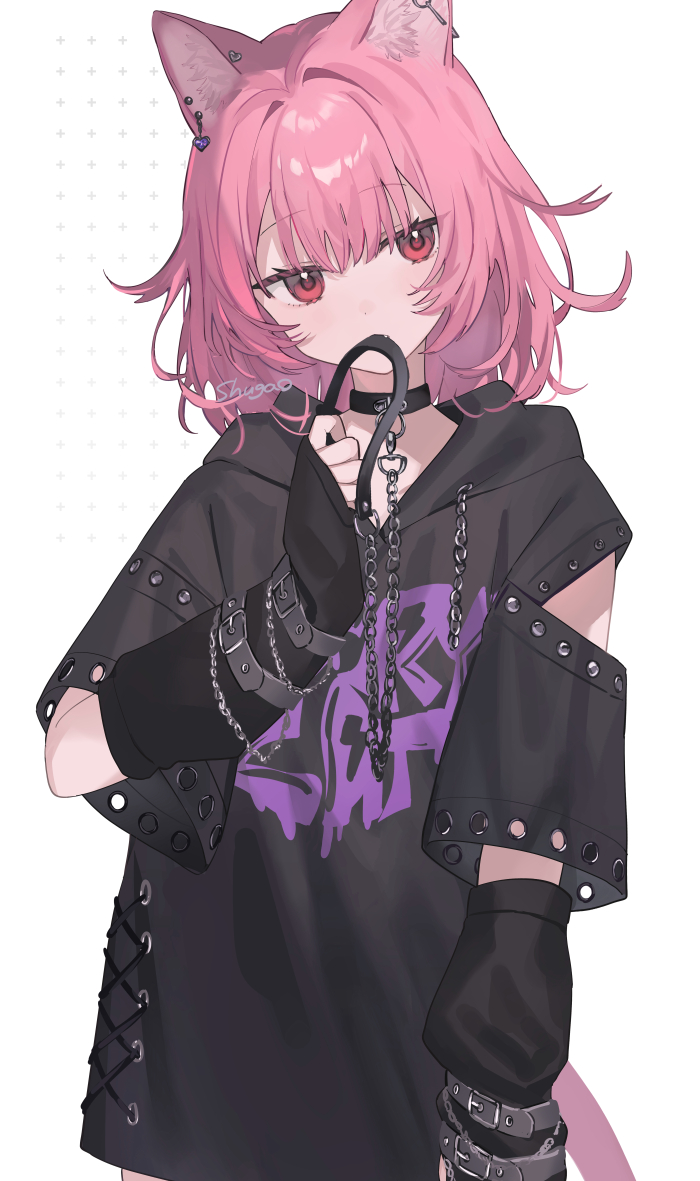 1girl animal_ear_fluff animal_ears arm_warmers artist_name biting black_arm_warmers black_choker black_hoodie cat_ears cat_girl chain choker clothes_writing hood hood_down hoodie original pink_hair red_eyes short_hair shugao solo wrist_belt