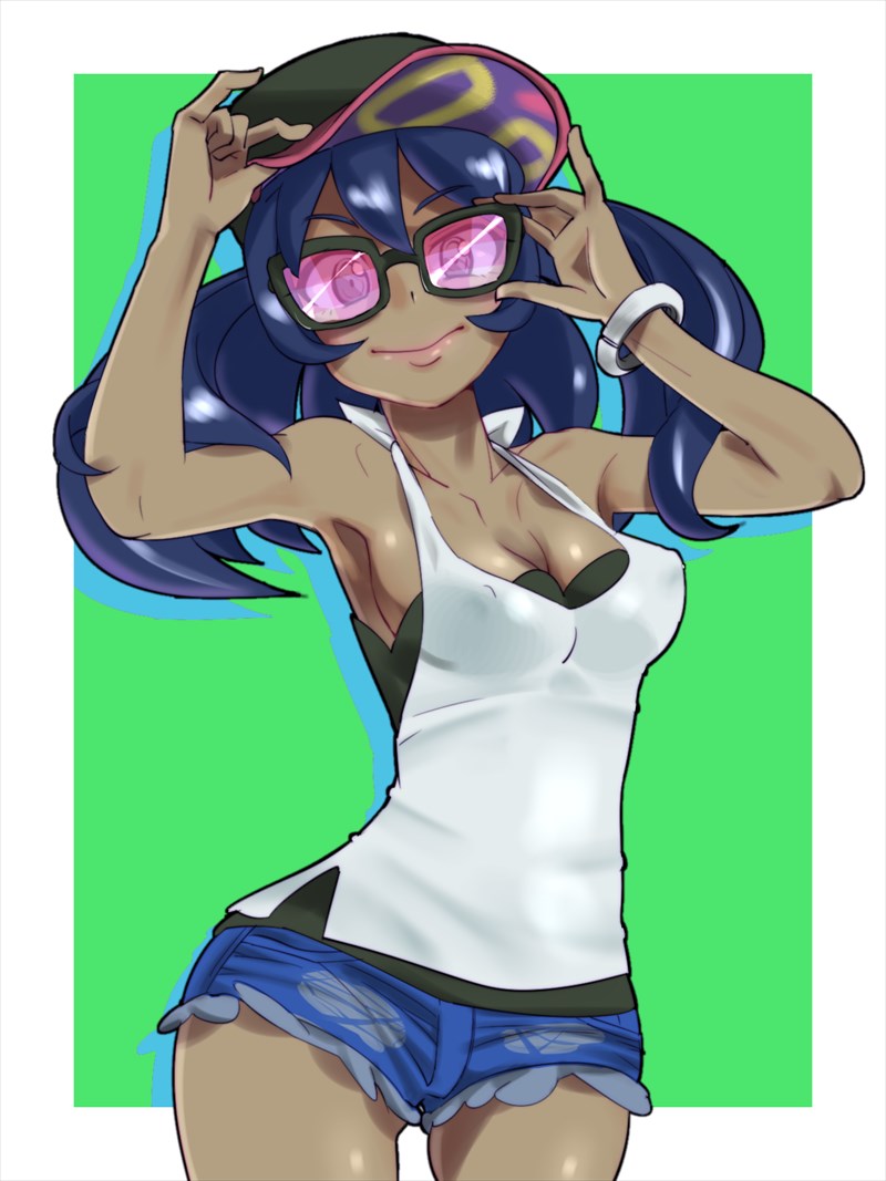1girl adjusting_eyewear adjusting_glasses alternate_color armpits arms_up bad_id bad_pixiv_id bare_shoulders black-framed_eyewear black_hat blue_shorts border bracelet breasts cleavage covered_erect_nipples cowboy_shot curvy dark-skinned_female dark_skin drop_shadow female_focus green_background hair_between_eyes halterneck hat jewelry legs_apart looking_at_viewer medium_breasts nintendo no_bra pink-tinted_eyewear pink-tinted_glasses pokemon pokemon_sm purple_hair shiny_skin shirt short_shorts shorts sideboob simple_background sina_(pokemon) sleeveless sleeveless_shirt smile solo standing sunglasses tinted_eyewear undershirt white_border white_shirt zaitsu