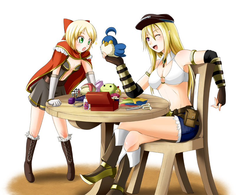 2girls :o ;d arm_warmers armlet awestruck belt belt_buckle belt_pouch bikini bikini_top_only black_dress blonde_hair blue_shorts bob_cut boots bow box bracelet bracer breasts brown_belt brown_footwear brown_gloves brown_headwear buckle cape cleavage creator_(ragnarok_online) crossed_legs cutoffs denim denim_shorts dress fabric filir_(ragnarok_online) fingerless_gloves flat_cap fold-over_boots fur-trimmed_boots fur_trim glass_bottle gloves gold_trim green_eyes hair_between_eyes hair_bow hand_up hat jewelry jewelry_box kanzuki_yuu knee_boots lace-up_boots legs_apart long_hair looking_at_another medium_breasts midriff mole mole_under_eye multiple_belts multiple_girls navel o-ring o-ring_bikini o-ring_top one_eye_closed open_box open_mouth pigeon-toed pincushion pink_eyes pointy_ears pointy_footwear poporing pouch ragnarok_online red_bow red_cape scissors sewing_pin short_dress short_hair shorts simple_background single_horizontal_stripe small_breasts smile sparkle spool spore_(ragnarok_online) standing star_(symbol) straight_hair strapless strapless_dress stuffed_animal stuffed_bird stuffed_toy swimsuit table teeth tiptoes underboob upper_teeth_only white_background white_bikini white_gloves whitesmith_(ragnarok_online) wooden_chair wooden_table