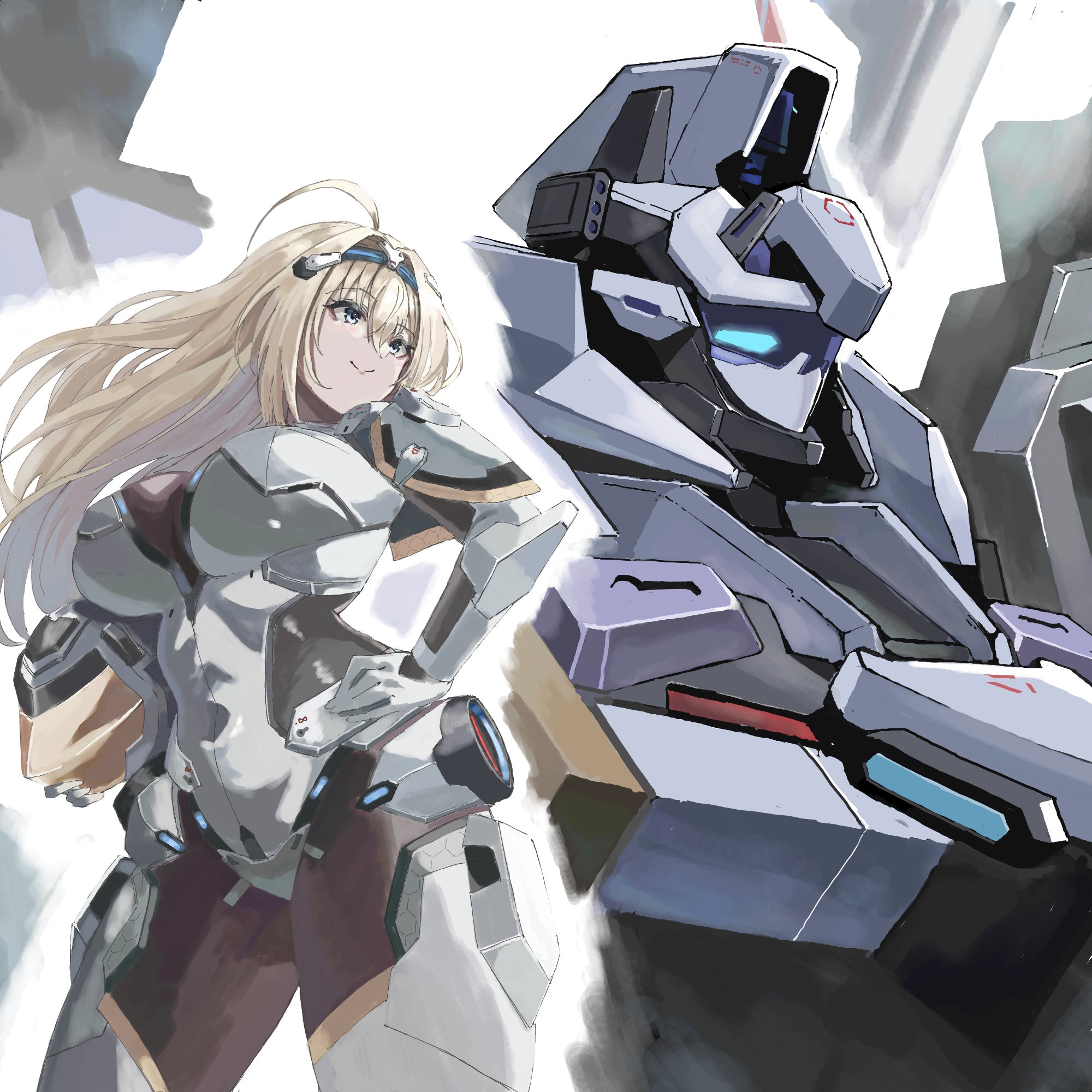 1girl ahoge blonde_hair blue_eyes bodysuit breasts closed_mouth commentary_request covered_navel cowboy_shot girls'_frontline hair_between_eyes hanyang_type_88_(girls'_frontline) hanyang_type_88_(white_comet_bearer_of_wishes)_(girls'_frontline) headpiece helmet highres holding holding_helmet long_hair looking_to_the_side mecha robot smile solo wano117_wa white_bodysuit