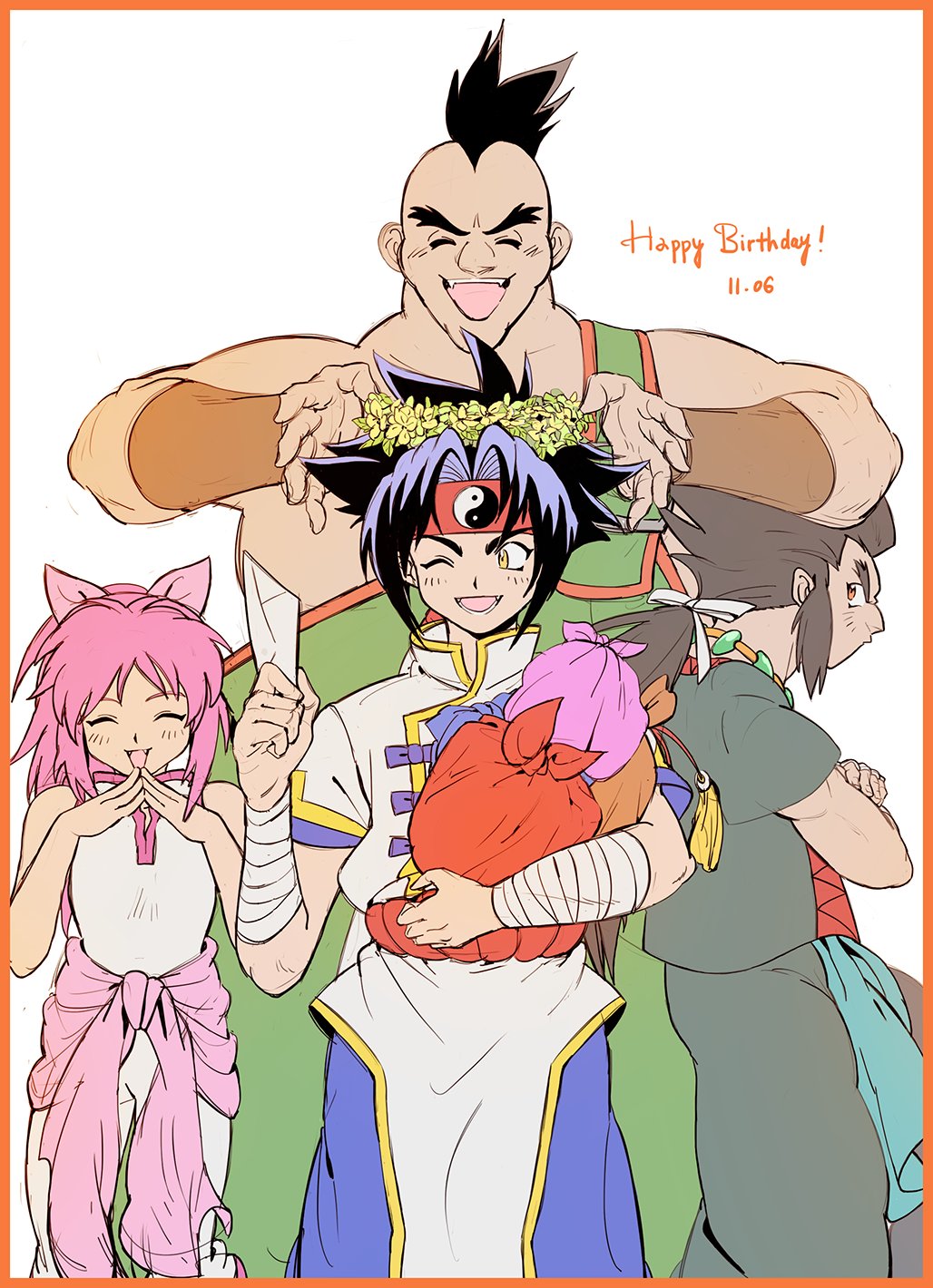 1girl 3boys bakuten_shoot_beyblade beyblade blush chen_mao chen_rai closed_eyes fangs flower_wreath gao_(beyblade) head_wreath highres kon_rei letter multiple_boys open_mouth pink_hair ponytail smile yellow_eyes