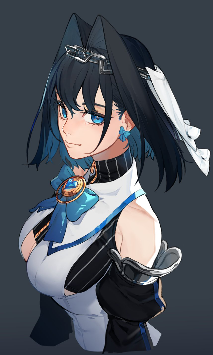 1girl bare_shoulders black_hair blue_eyes bow bow_earrings bowtie breasts chain detached_sleeves earrings eus_ing grey_background hair_between_eyes hair_intakes heart highres hololive hololive_english jewelry looking_at_viewer ouro_kronii ouro_kronii_(1st_costume) simple_background solo upper_body virtual_youtuber zipper zipper_pull_tab