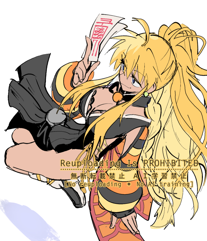 1girl ahoge between_fingers black_dress blonde_hair blue_eyes breasts cleavage closed_mouth dark-skinned_female dark_skin dress earrings full_body high_ponytail holding jewelry large_breasts long_hair namosuke_(oetwmkekmz) ofuda ofuda_between_fingers ponytail ragnarok_online sarah_irene seiza sideless_dress sidelocks sitting smile solo tan very_long_hair watermark wavy_hair