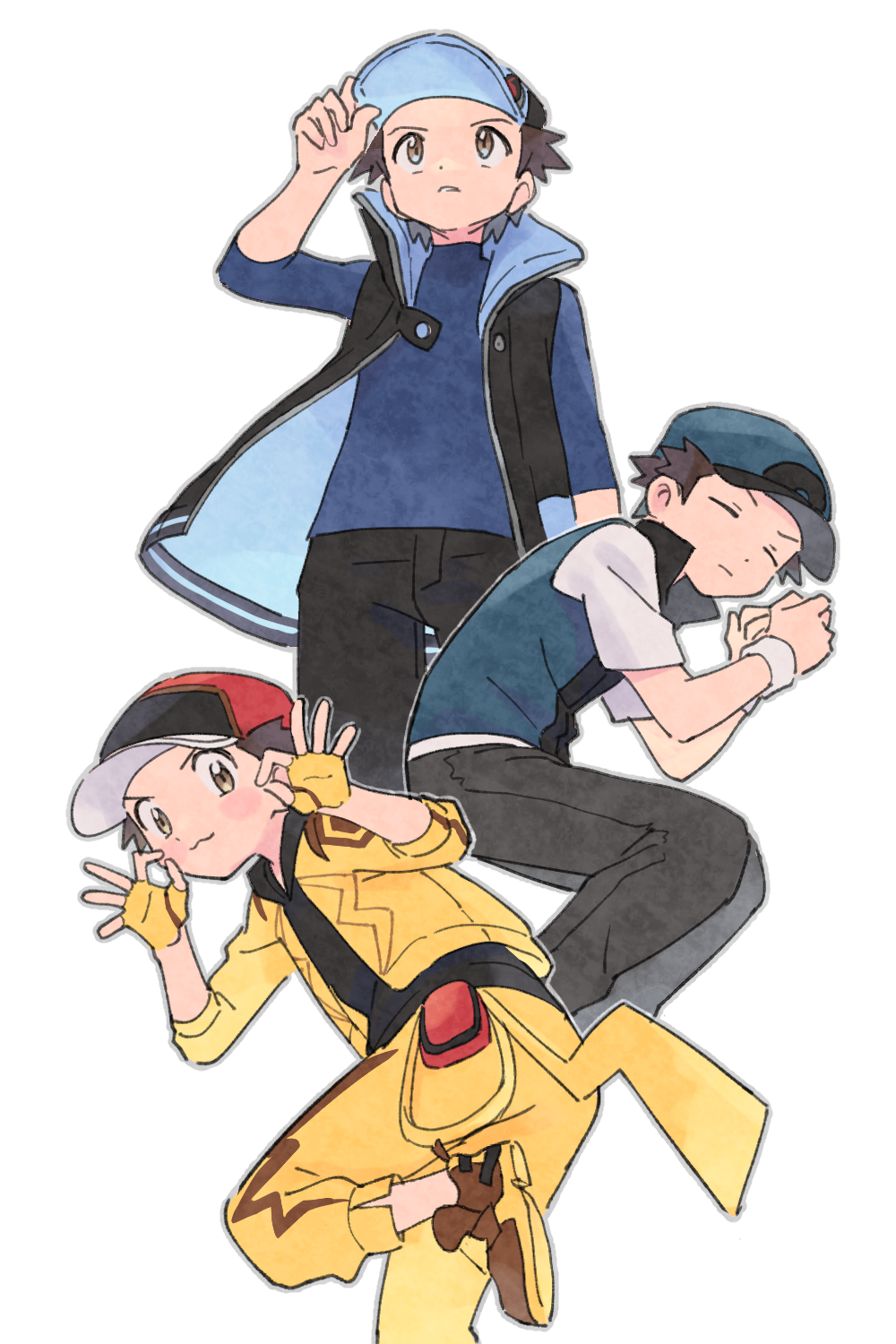 3boys :3 adjusting_clothes adjusting_headwear black_hair black_hoodie black_pants black_vest blonde_hair blue_hat blue_shirt blue_vest brown_eyes brown_shoes commentary_request fetal_position fingerless_gloves game_freak gloves hat highres hood hoodie lying male_focus multiple_boys multiple_persona nintendo on_side pants pokemon pokemon_masters_ex pumpkinpan red_(pokemon) red_(sygna_suit)_(pokemon) red_(sygna_suit)_(thunderbolt)_(pokemon) red_hat shirt shoes sleeping standing standing_on_one_leg turtleneck turtleneck_shirt vest wristband yellow_gloves yellow_pants
