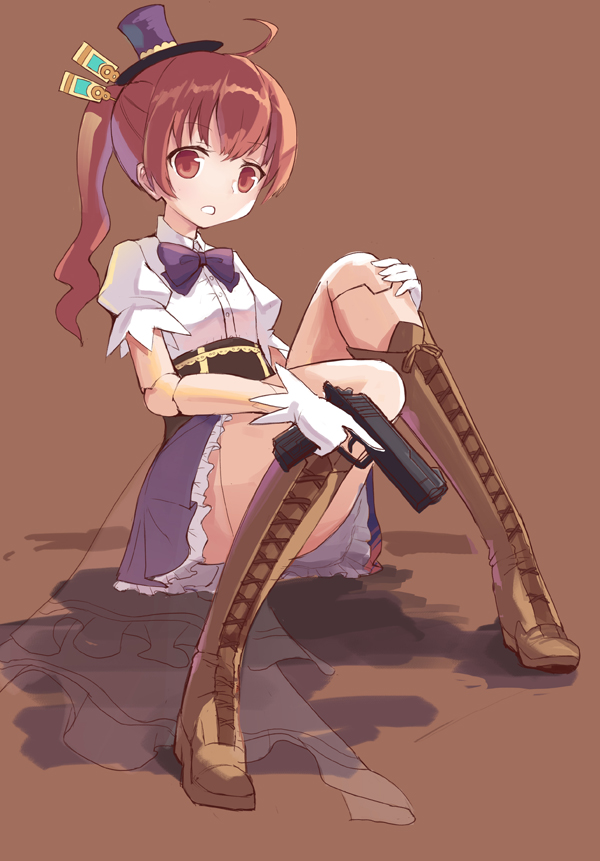 10s 1girl aliter boots bow convenient_leg cyborg doll_joints dress female_focus gloves gun hair_ornament hat joints koukaku_no_pandora mini_hat mini_top_hat nanakorobi_nene ponytail red_eyes red_hair solo top_hat trigger_discipline weapon