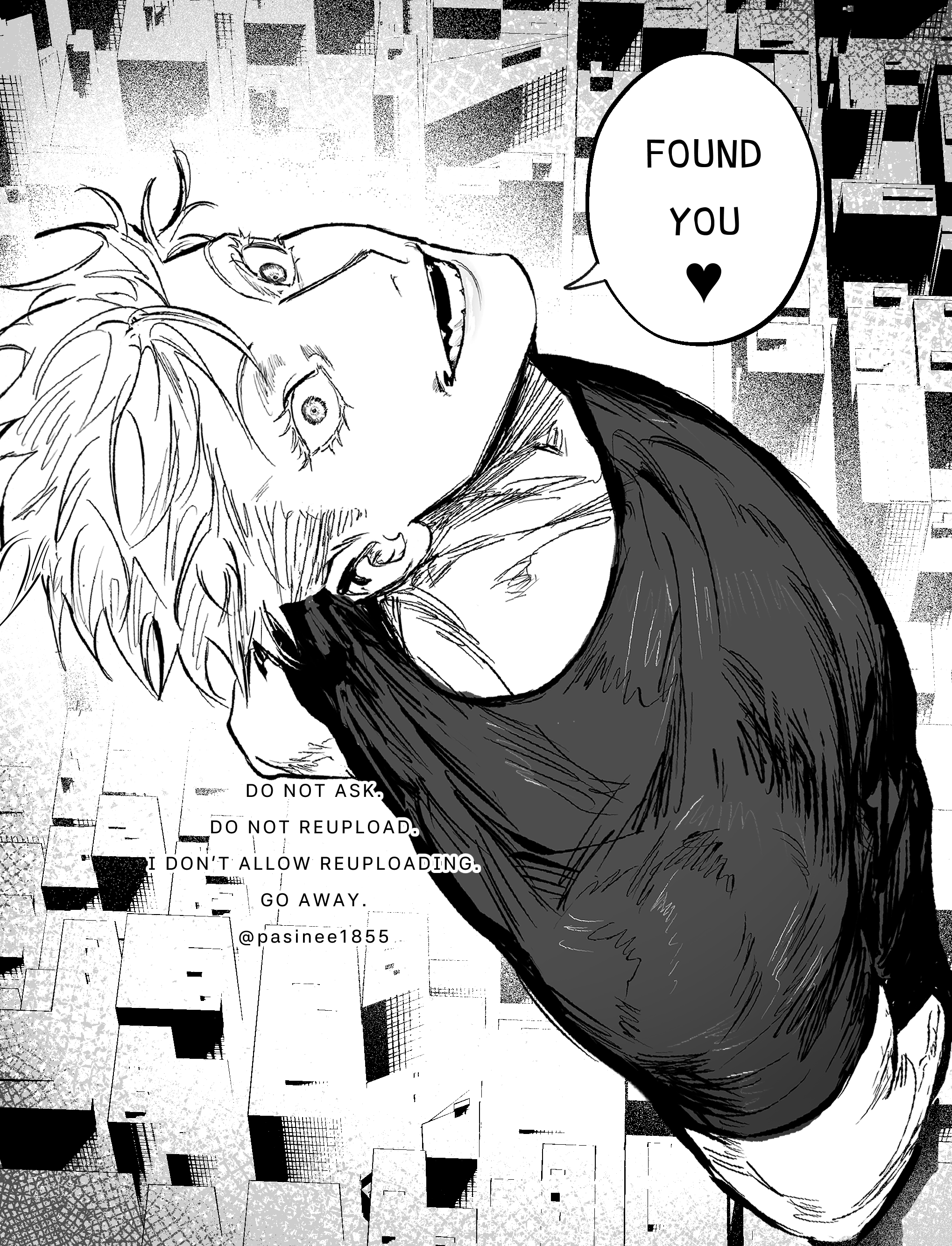 1boy absurdres commentary_request compression_shirt english_text eyelashes from_above gojou_satoru greyscale hand_in_pocket highres jujutsu_kaisen looking_at_viewer male_focus monochrome muscular muscular_male open_mouth pasinee1855 short_hair solo speech_bubble teeth