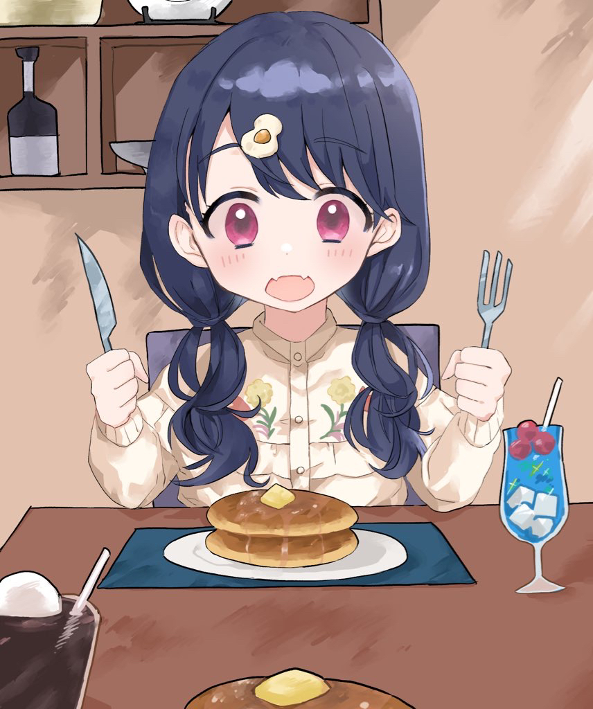 1girl blue_hair blush butter commentary_request drink fangs food food-themed_hair_ornament fork fried_egg fukumaru_koito hair_ornament holding holding_fork holding_knife idolmaster idolmaster_shiny_colors indoors knife long_hair open_mouth pancake pancake_stack pink_eyes pov shirt sitting skin_fangs solo twintails white_shirt yu-kichan
