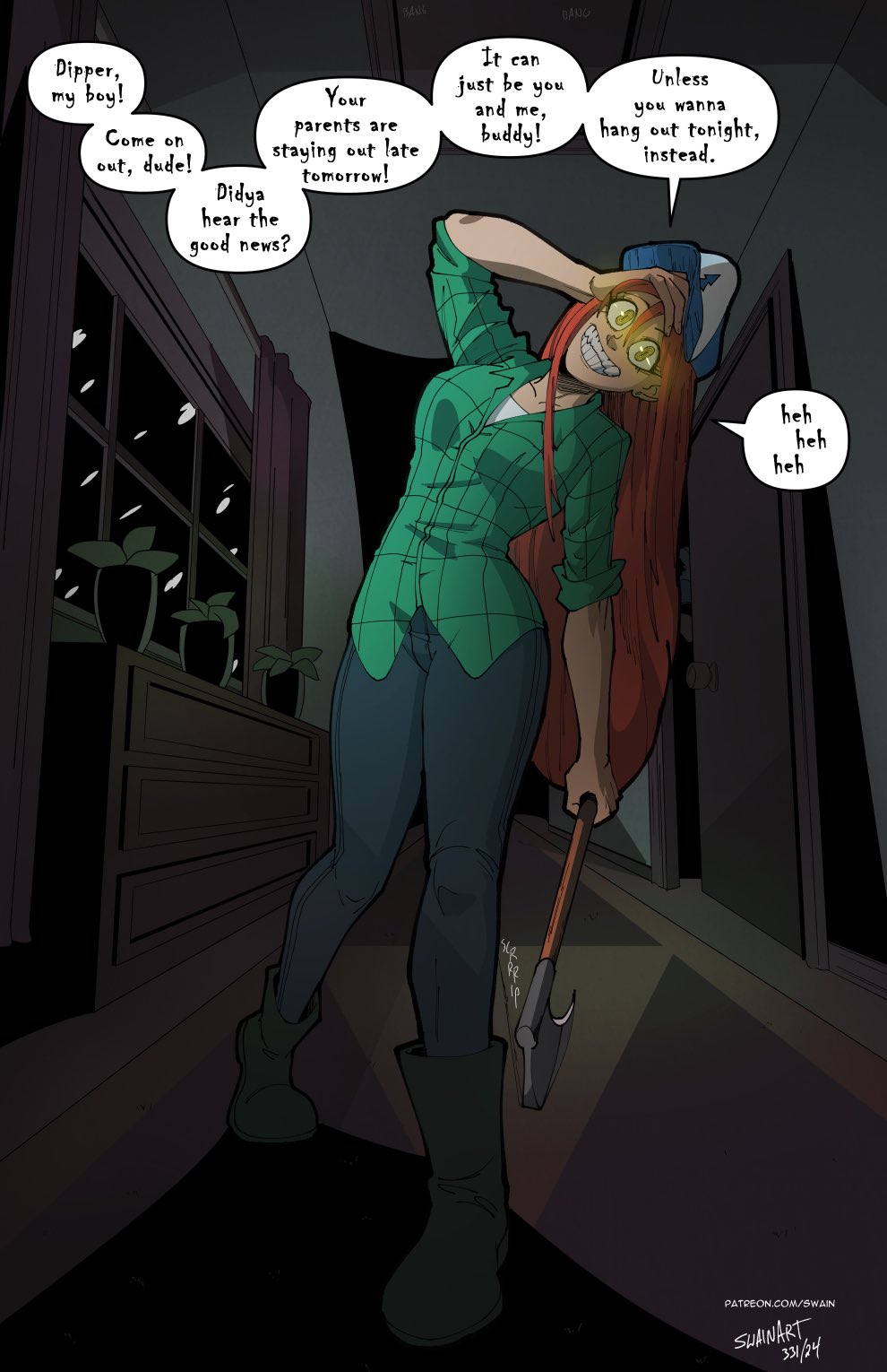 1girl axe baseball_cap bill_cipher blue_hat blue_pants boots breasts brown_hair dated english_text gravity_falls green_eyes green_shirt grin hat highres holding holding_axe indoors long_hair looking_at_viewer medium_breasts pants patreon_username possessed shirt signature smile solo speech_bubble standing swain_(artist) teeth two-tone_hat watermark web_address wendy_corduroy white_hat