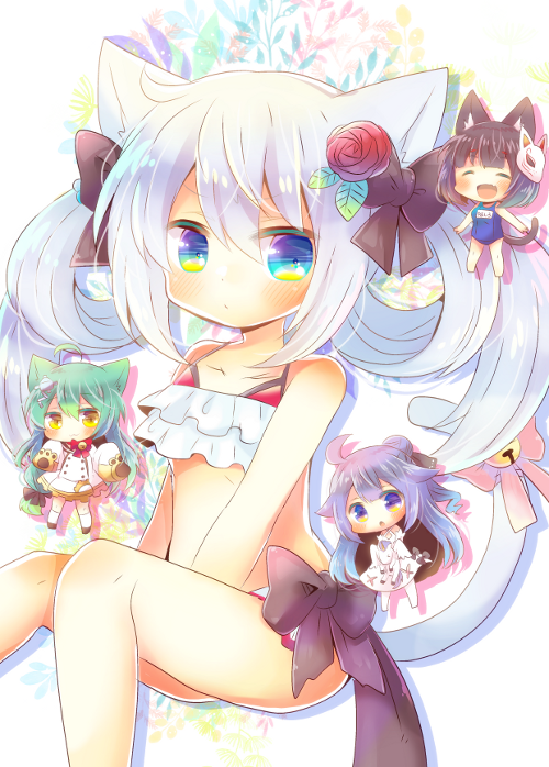 4girls :d :o ^_^ ahoge akashi_(azur_lane) animal_ears azur_lane bare_arms bare_legs bare_shoulders barefoot bell bikini black_bow black_ribbon blue_eyes blue_one-piece_swimsuit blush bow brown_footwear brown_hair cat_ears cat_girl cat_tail chibi closed_eyes closed_mouth cover cover_page dress flower fox_mask green_hair hair_between_eyes hair_bow hair_bun hair_flower hair_ornament hair_ribbon hammann_(azur_lane) hammann_(rebellious_summer)_(azur_lane) holding holding_stuffed_toy jingle_bell kneehighs kou_hiyoyo long_hair long_sleeves looking_at_viewer mask mask_on_head mimiket multiple_girls name_tag official_alternate_costume one-piece_swimsuit one_side_up open_mouth parted_lips pink_bow purple_eyes purple_hair red_flower red_rose ribbon rose sailor_dress school_swimsuit single_hair_bun single_side_bun sitting sleeves_past_fingers sleeves_past_wrists smile socks standing stuffed_animal stuffed_pegasus stuffed_toy stuffed_unicorn swimsuit tail tail_bell tail_bow tail_ornament thighhighs twintails unicorn_(azur_lane) v-shaped_eyebrows very_long_hair white_bikini white_dress white_hair white_socks white_thighhighs yamashiro_(azur_lane) yamashiro_(summer_offensive?)_(azur_lane) yellow_eyes