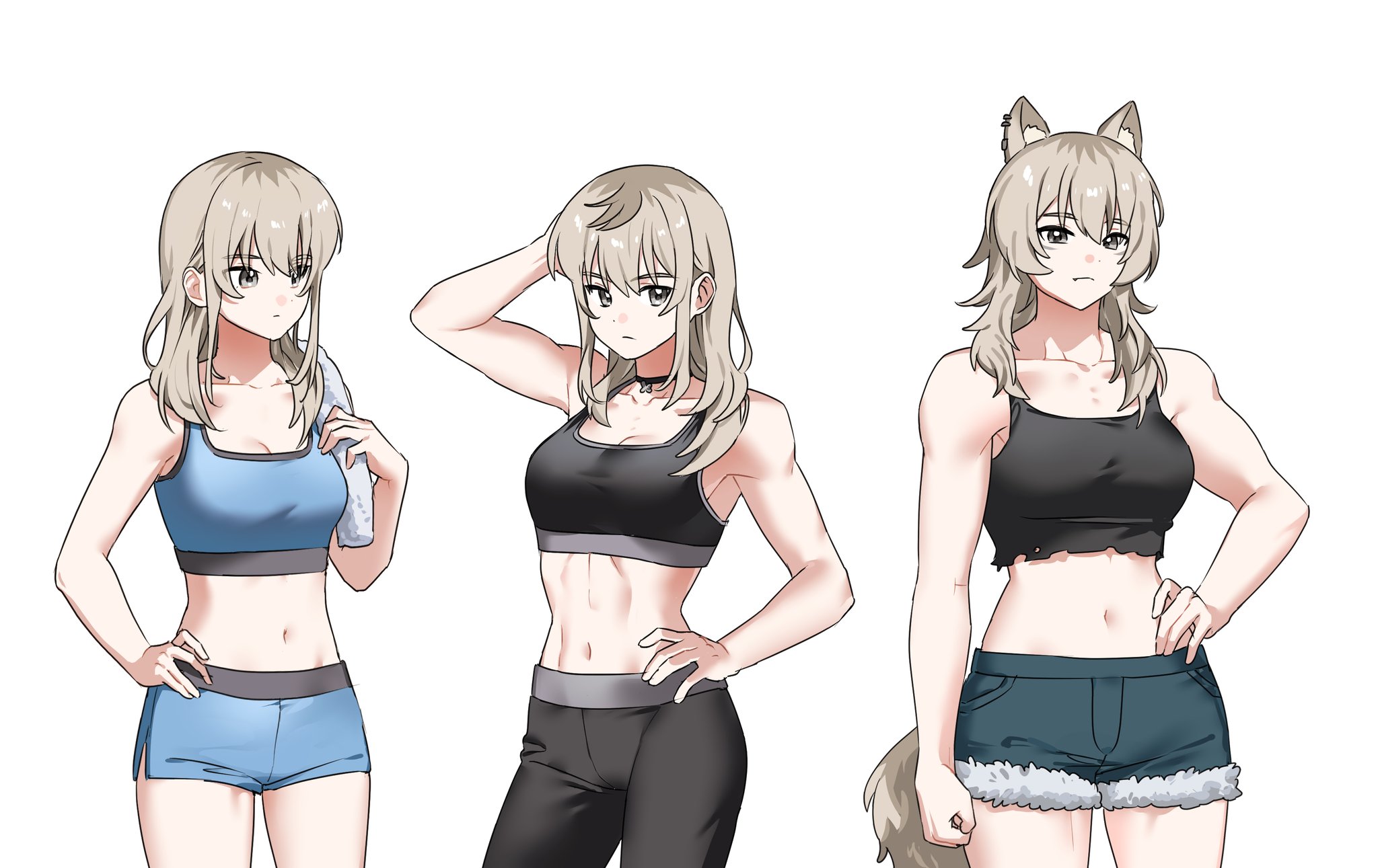 1girl animal_ears breasts brown_hair choker cleavage girls_band_cry girls_band_cry_rpg grey_eyes habsida_(habsida_hpy) hand_on_own_head highres kawaragi_momoka long_hair medium_breasts midriff navel pants shorts simple_background sports_bra tail toned toned_female towel towel_on_one_shoulder white_background wolf_ears wolf_girl wolf_tail
