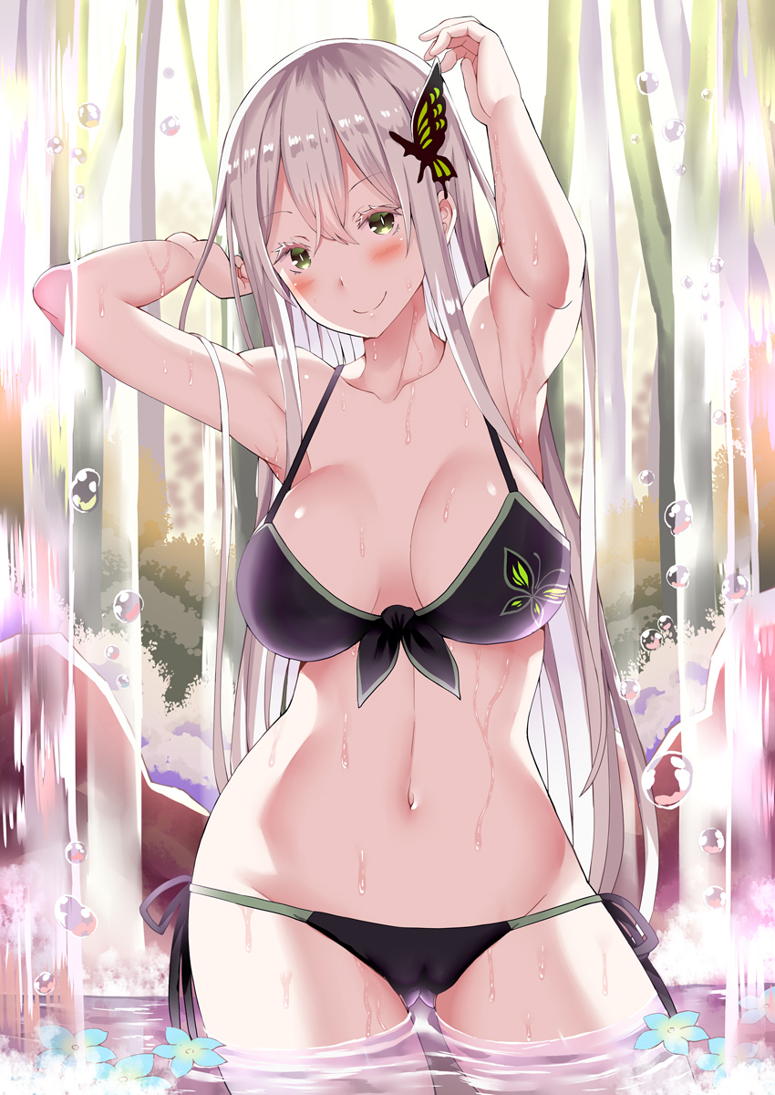 1girl alternate_costume animal_print armpits bikini black_bikini blush breasts bug butterfly butterfly_hair_ornament butterfly_print cameltoe closed_mouth clothed_bath colored_eyelashes commission echidna_(re:zero) givuchoko gluteal_fold green_eyes hair_between_eyes hair_ornament hands_up highres insect large_breasts long_hair looking_at_viewer outdoors re:zero_kara_hajimeru_isekai_seikatsu smile solo swimsuit water waterfall waterfall_shower white_eyelashes white_hair