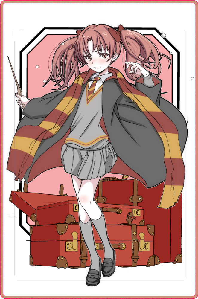 black_shoes blush border bow brown_eyes brown_hair cape cloak closed_mouth collared_shirt commentary_request diagonal-striped_clothes diagonal-striped_necktie dress_shirt floating_cape floating_clothes full_body grey_cloak grey_skirt grey_socks grey_sweater gryffindor hair_bow hand_up harry_potter_(series) holding holding_wand kneehighs light_blush light_smile loafers long_hair long_sleeves looking_at_viewer necktie niea nose_blush open_cloak open_clothes open_suitcase parody partially_colored pink_background pleated_skirt red_bow red_cloak red_necktie red_scarf red_trim romaji_commentary scarf school_uniform shirai_kuroko shirt shoes skirt smile socks squeans standing striped_clothes striped_scarf suitcase sweater toaru_kagaku_no_railgun toaru_majutsu_no_index trim_marks twintails two-sided_cape two-sided_fabric two-tone_necktie two-tone_scarf v-neck wand white_border white_shirt wizarding_world yellow_necktie yellow_scarf yellow_trim
