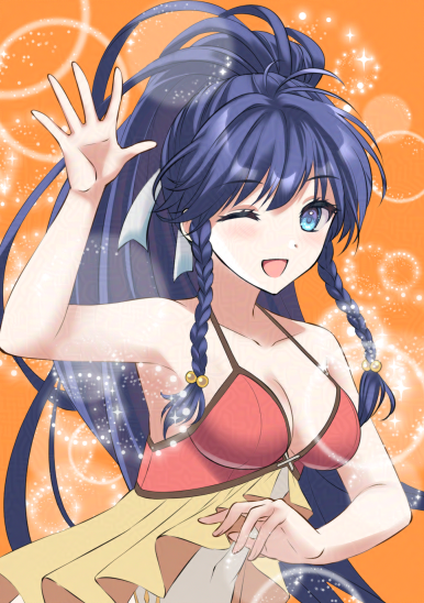 1girl ;d arm_up bare_arms bare_shoulders bikini blue_eyes blue_hair braid breasts cleavage commentary_request fire_emblem fire_emblem:_the_sacred_stones kakiko210 long_hair looking_at_viewer medium_breasts navel nintendo one_eye_closed open_mouth orange_background ponytail red_bikini smile solo swimsuit tana_(fire_emblem) tana_(noble_and_nimble)_(fire_emblem) twin_braids upper_body very_long_hair