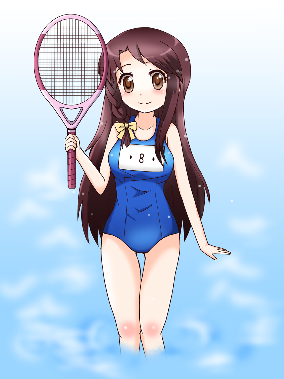 1girl breasts highres kin-iro_mosaic matsubara_honoka medium_breasts one-piece_swimsuit racket school_swimsuit swimsuit
